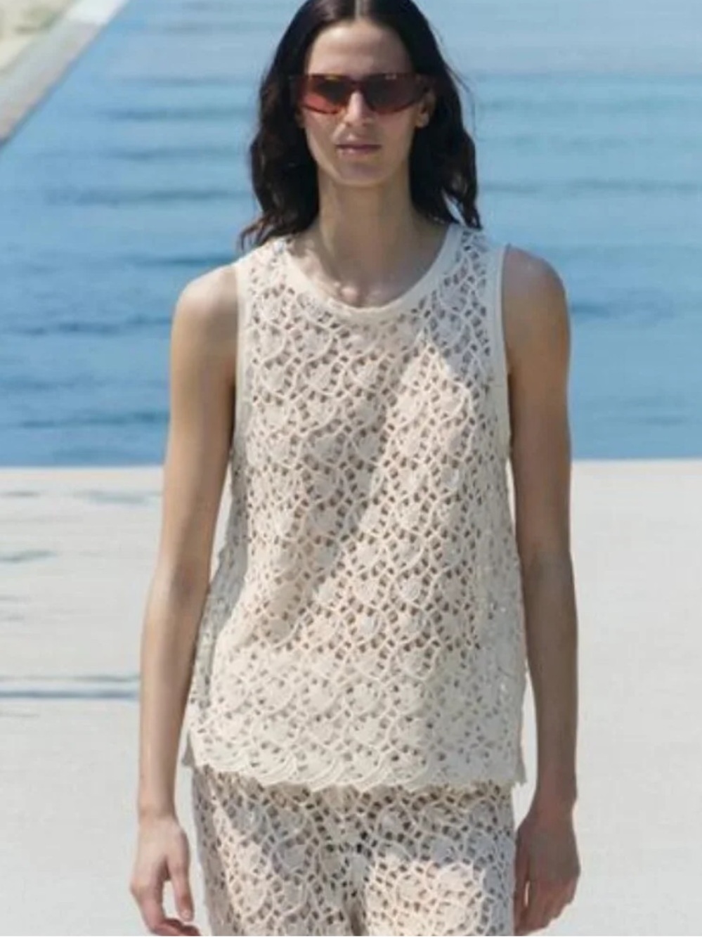 Zara Cream  Lace Crochet Tank Top, Ecru, M